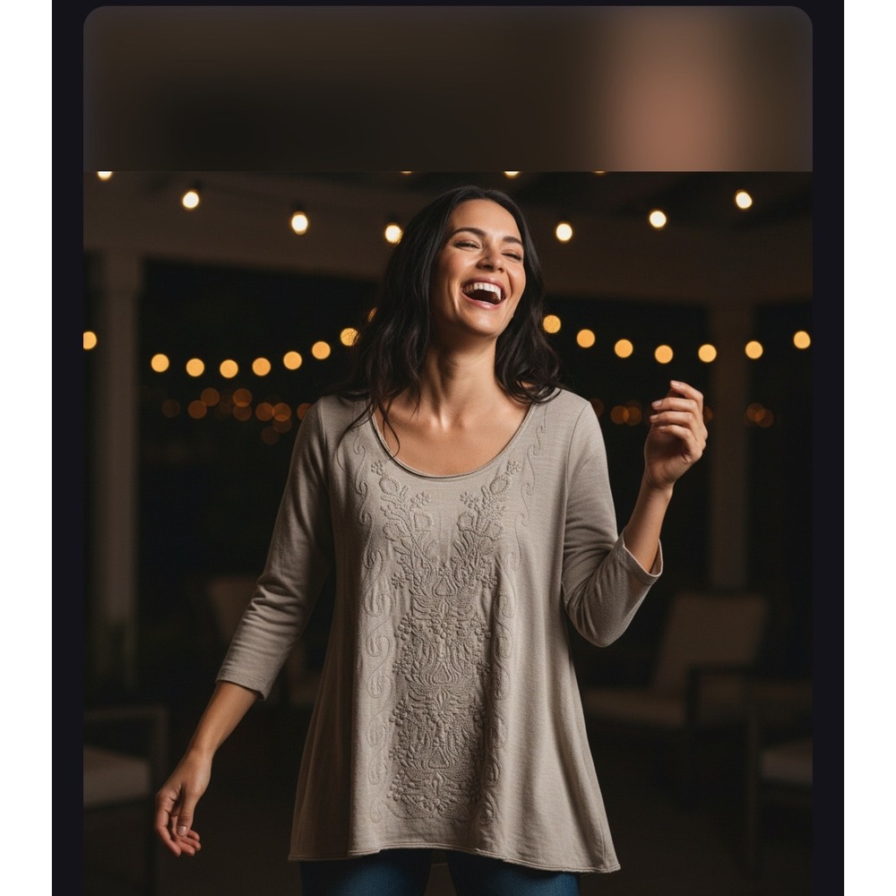 CAITE Tunic Top Womens Beige‎ Embroidered 3/4 Sleeve Shirt Boho Size M